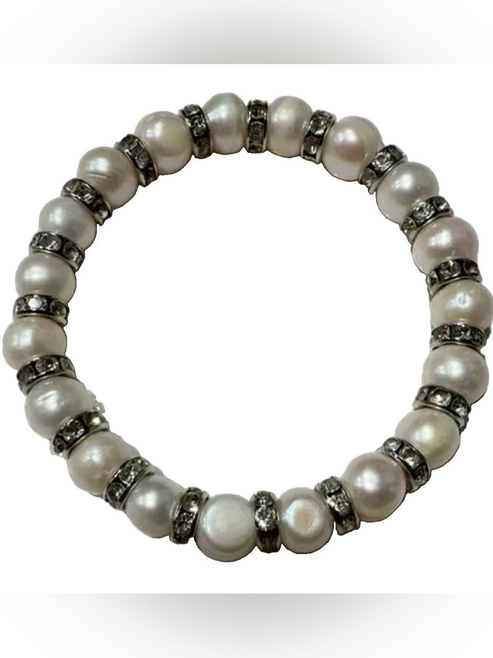 White Faux Pearl Stretch Bracelet Silver Tones
Rhinestones Elastic Bridal Fancy